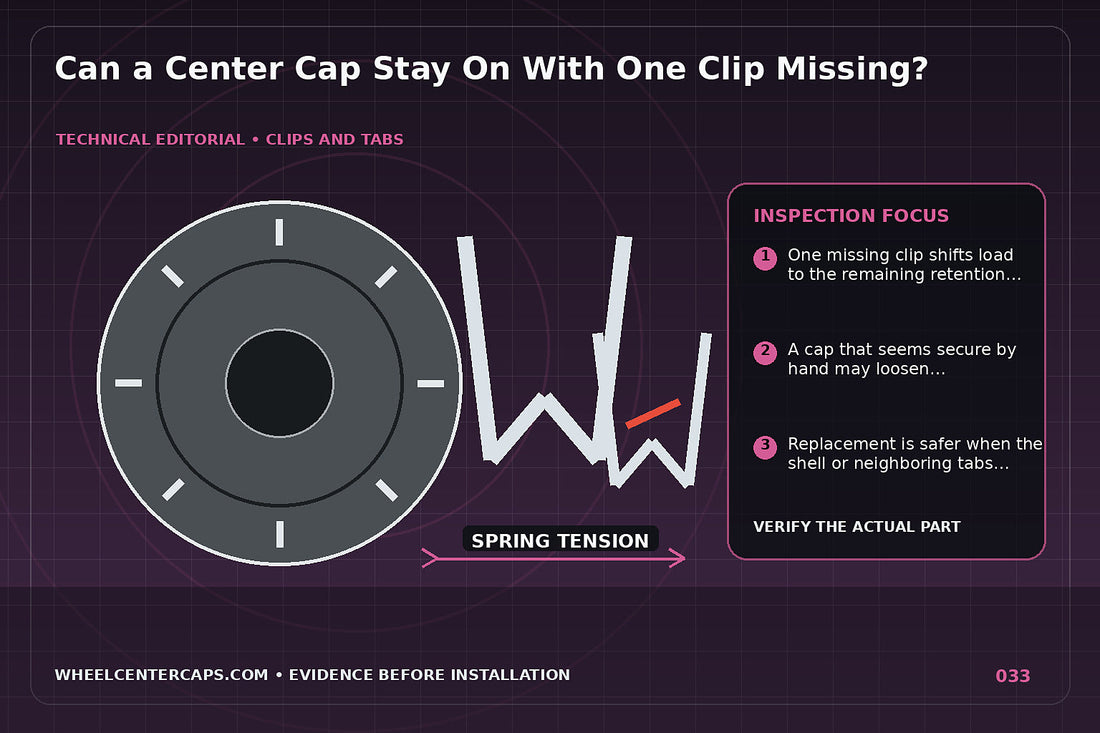 Cap backside with one missing clip highlighted in red; technical editorial illustration for center cap missing clip with no manufacturer logo reproduction