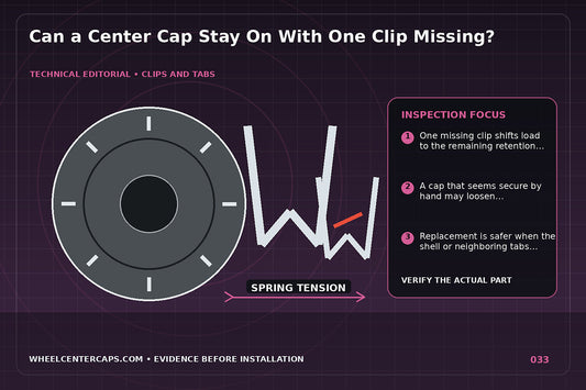 Cap backside with one missing clip highlighted in red; technical editorial illustration for center cap missing clip with no manufacturer logo reproduction