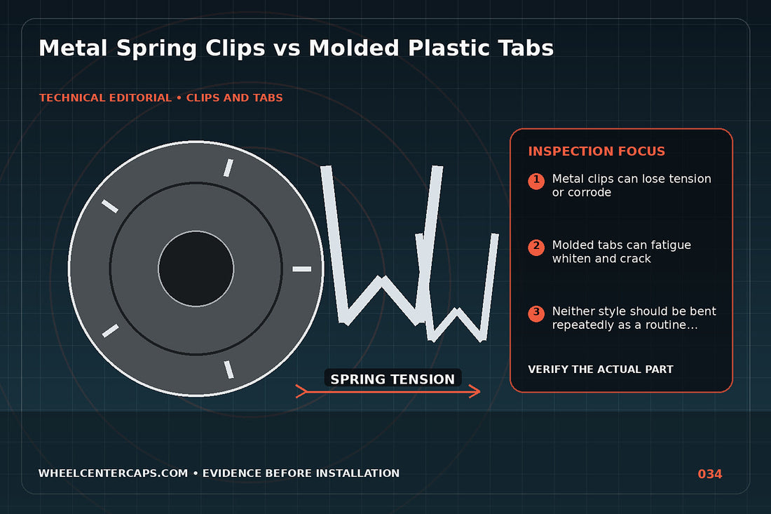 Macro split view of metal spring clip and molded plastic tab; technical editorial illustration for center cap spring clips with no manufacturer logo reproduction