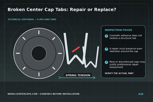 Cracked plastic tabs beside an intact replacement cap backside; technical editorial illustration for broken center cap tabs with no manufacturer logo reproduction