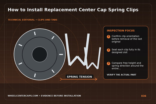 Step-by-step hand placement of a spring clip into cap slots; technical editorial illustration for install center cap clips with no manufacturer logo reproduction