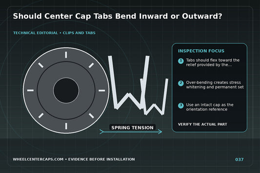 Cap backside with arrows showing correct tab flex direction; technical editorial illustration for center cap tab direction with no manufacturer logo reproduction