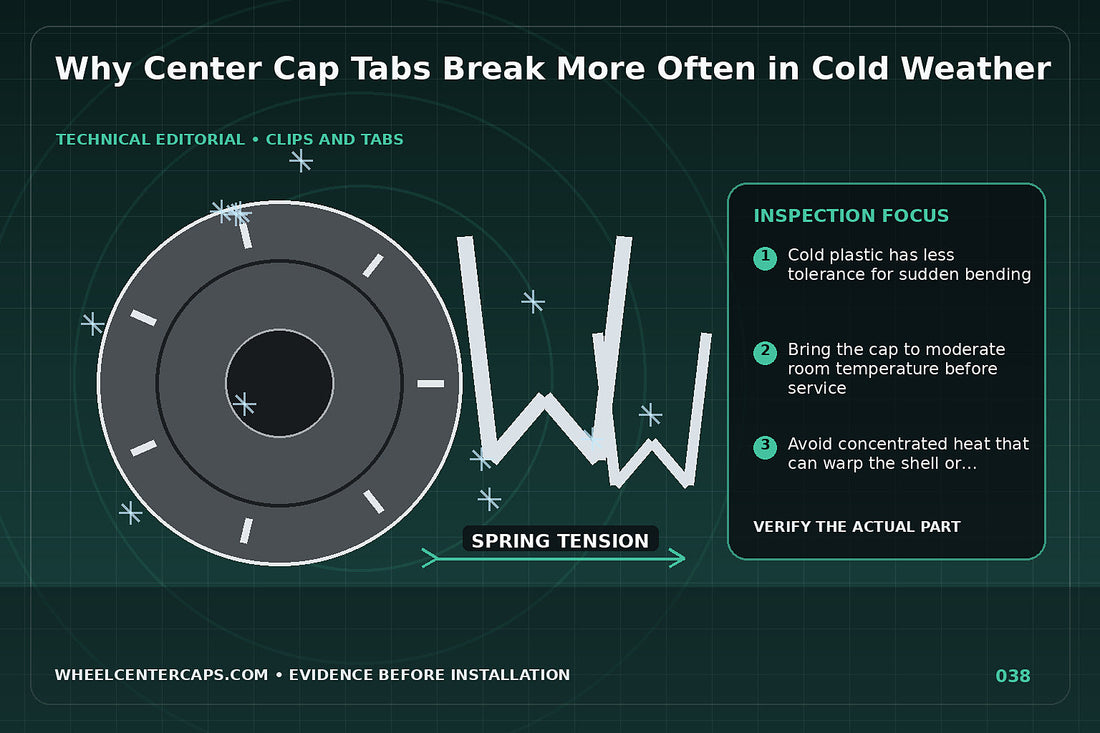 Frosted cap tabs with safe warming method shown nearby; technical editorial illustration for brittle center cap tabs with no manufacturer logo reproduction