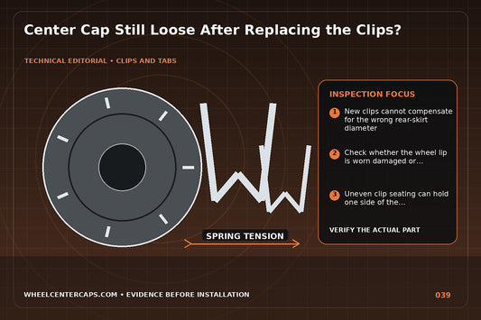 Cap fitted loosely with gauges marking bore and clip tension; technical editorial illustration for loose center cap clips with no manufacturer logo reproduction