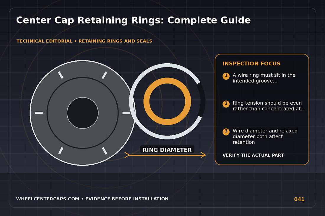 Labeled display of circular wire retaining rings around cap backs; technical editorial illustration for center cap retaining ring with no manufacturer logo reproduction