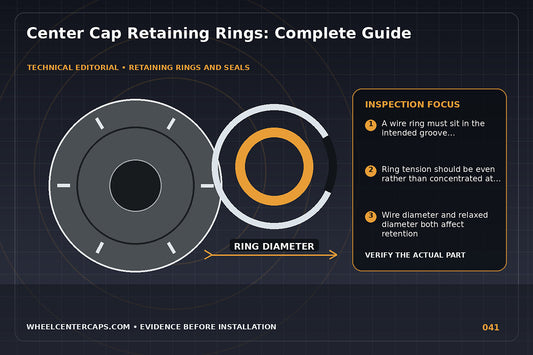 Labeled display of circular wire retaining rings around cap backs; technical editorial illustration for center cap retaining ring with no manufacturer logo reproduction