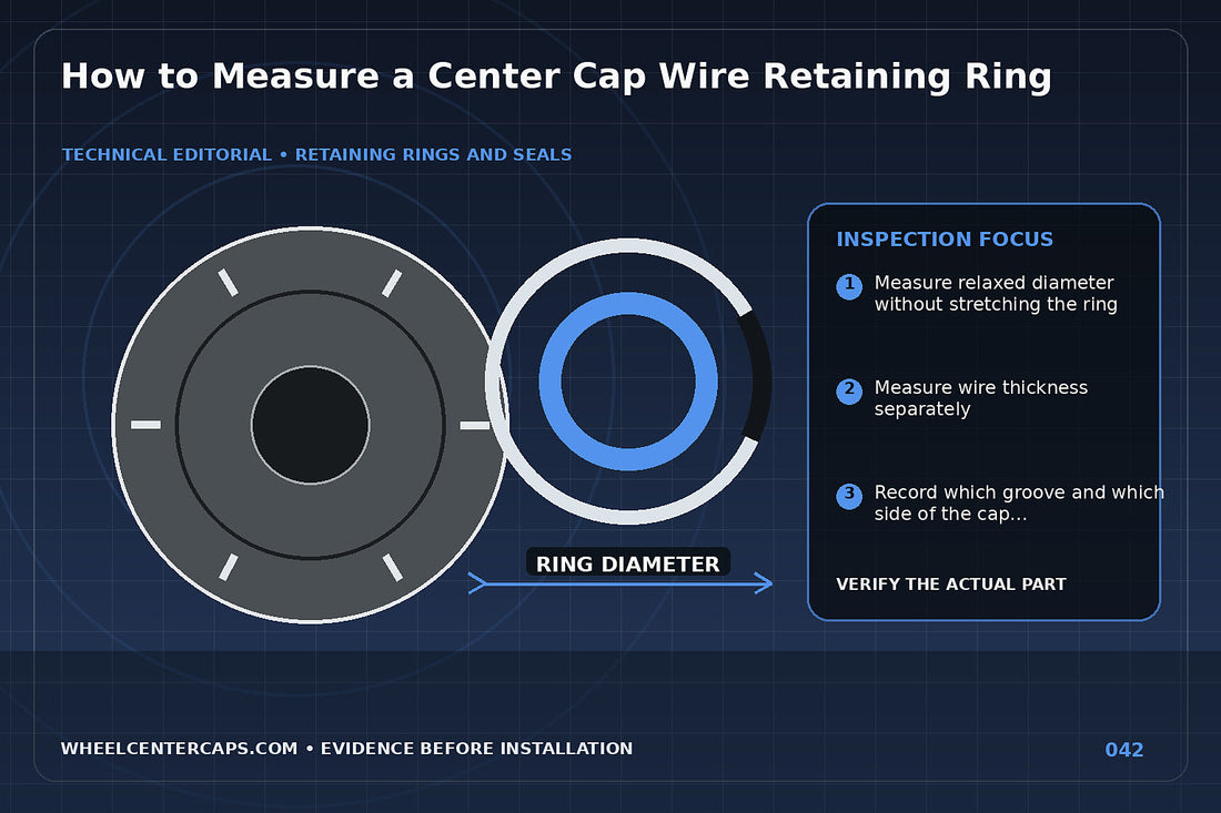Caliper measuring wire thickness and ring diameter on grid paper; technical editorial illustration for measure center cap retaining ring with no manufacturer logo reproduction