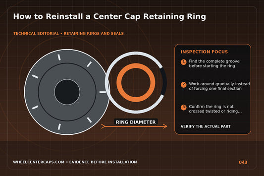 Hands seating a wire ring evenly into the backside groove; technical editorial illustration for install center cap retaining ring with no manufacturer logo reproduction