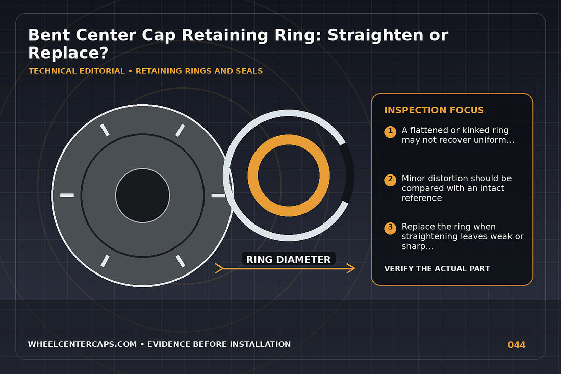 Bent ring overlay compared with a perfectly round new ring; technical editorial illustration for bent center cap retaining ring with no manufacturer logo reproduction