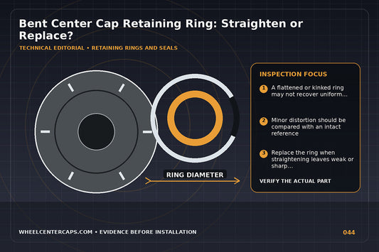 Bent ring overlay compared with a perfectly round new ring; technical editorial illustration for bent center cap retaining ring with no manufacturer logo reproduction