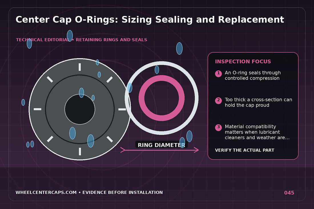 Cross-section of an O-ring sealing a center cap against water; technical editorial illustration for center cap O-ring with no manufacturer logo reproduction