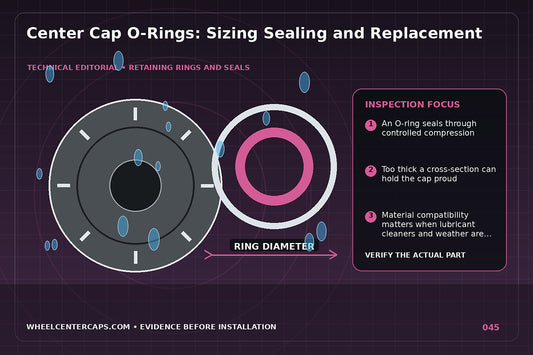Cross-section of an O-ring sealing a center cap against water; technical editorial illustration for center cap O-ring with no manufacturer logo reproduction