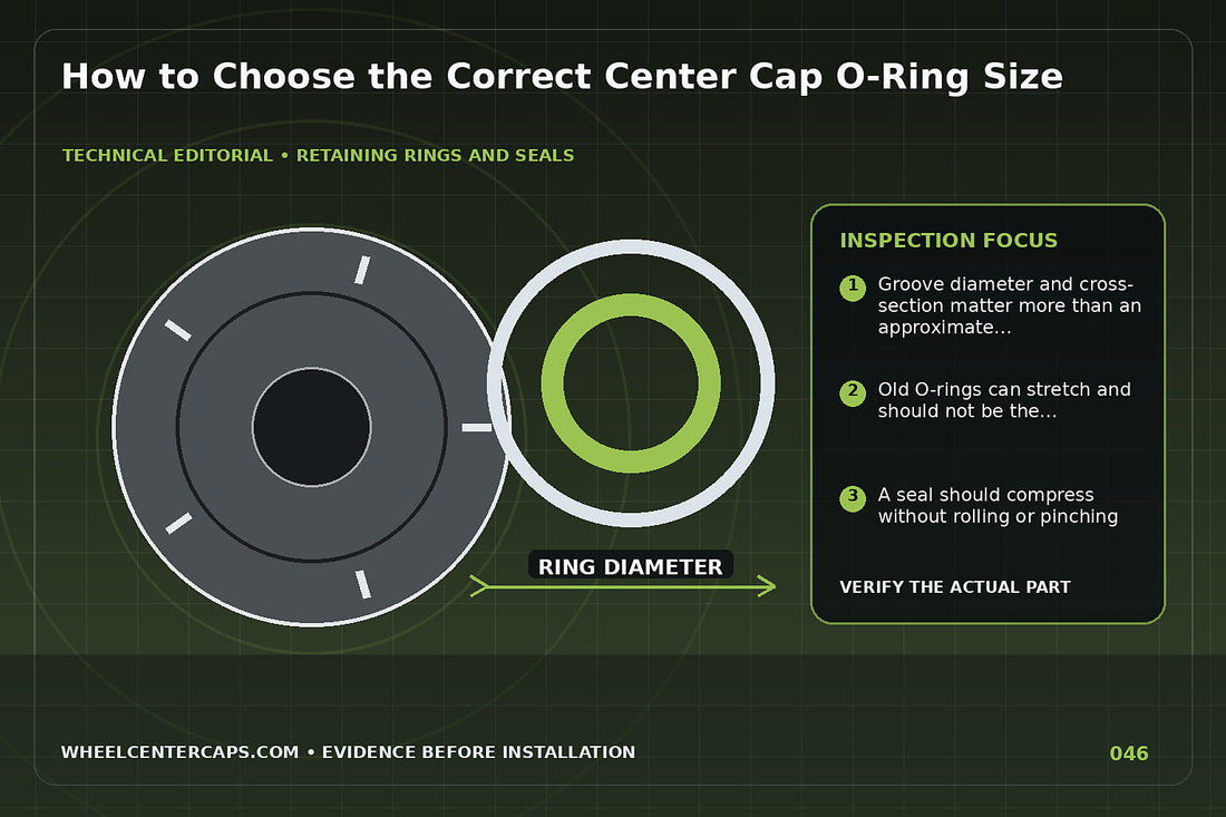 O-ring sizing cone and caliper beside a cap groove; technical editorial illustration for center cap O-ring size with no manufacturer logo reproduction