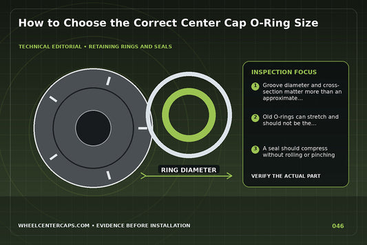 O-ring sizing cone and caliper beside a cap groove; technical editorial illustration for center cap O-ring size with no manufacturer logo reproduction