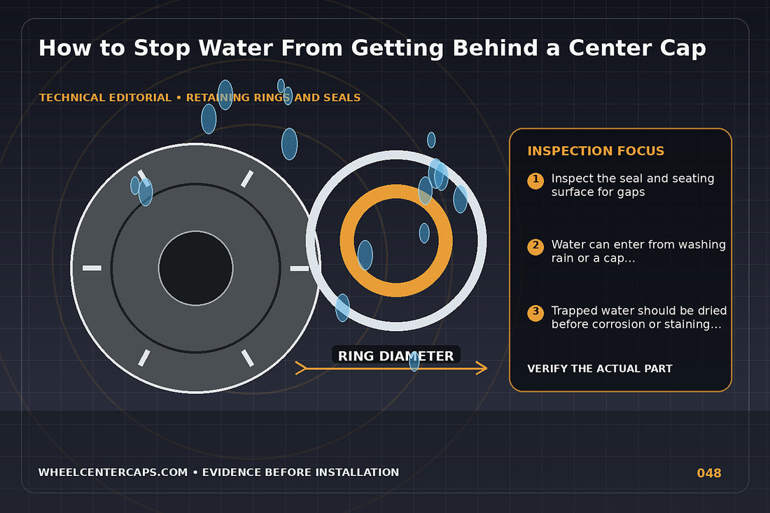 Water droplets and failed seal highlighted behind a center cap; technical editorial illustration for water behind center cap with no manufacturer logo reproduction