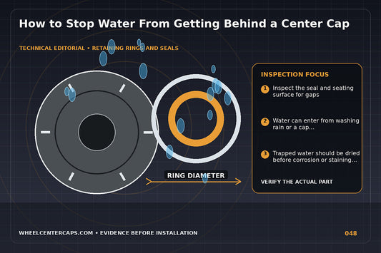 Water droplets and failed seal highlighted behind a center cap; technical editorial illustration for water behind center cap with no manufacturer logo reproduction