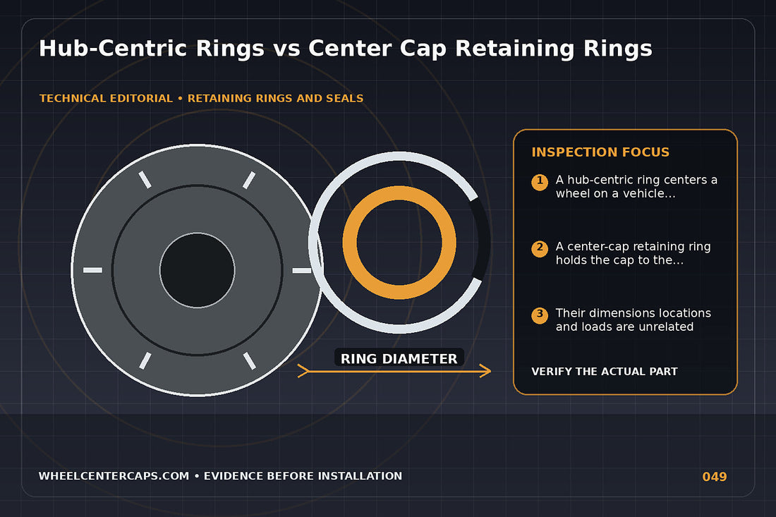 Exploded wheel diagram labeling hub ring and cap retaining ring; technical editorial illustration for hub centric ring vs retaining ring with no manufacturer logo reproduction