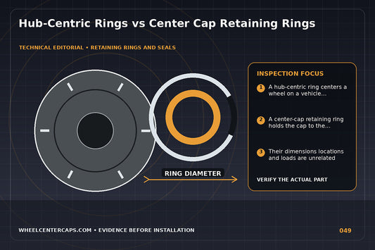 Exploded wheel diagram labeling hub ring and cap retaining ring; technical editorial illustration for hub centric ring vs retaining ring with no manufacturer logo reproduction