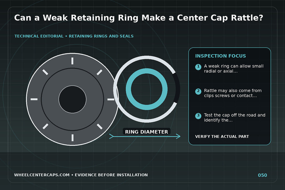 Loose wire ring vibrating against the backside of a cap; technical editorial illustration for center cap rattle retaining ring with no manufacturer logo reproduction