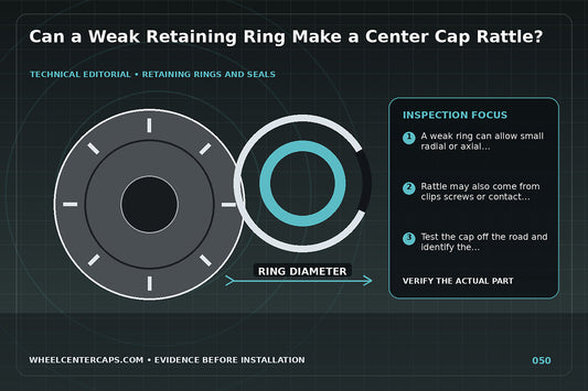Loose wire ring vibrating against the backside of a cap; technical editorial illustration for center cap rattle retaining ring with no manufacturer logo reproduction