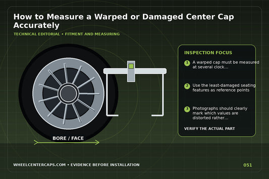 Measurement diagram labeling face bore depth and clip span; technical editorial illustration for measure damaged center cap with no manufacturer logo reproduction