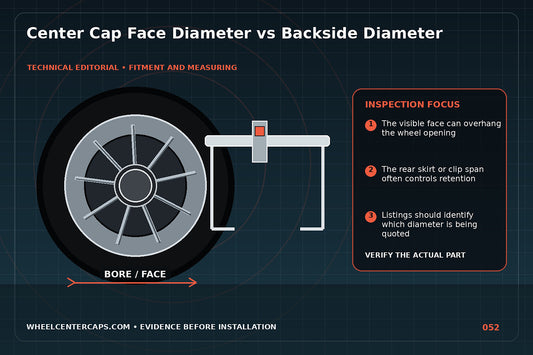Front and back of one cap with two different diameter callouts; technical editorial illustration for center cap diameter measurement with no manufacturer logo reproduction