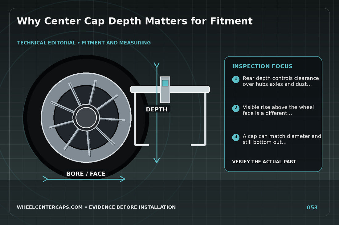 Cutaway wheel showing shallow and deep cap clearance over the hub; technical editorial illustration for center cap depth measurement with no manufacturer logo reproduction