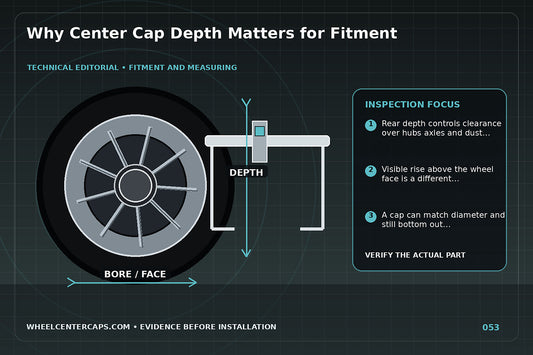 Cutaway wheel showing shallow and deep cap clearance over the hub; technical editorial illustration for center cap depth measurement with no manufacturer logo reproduction