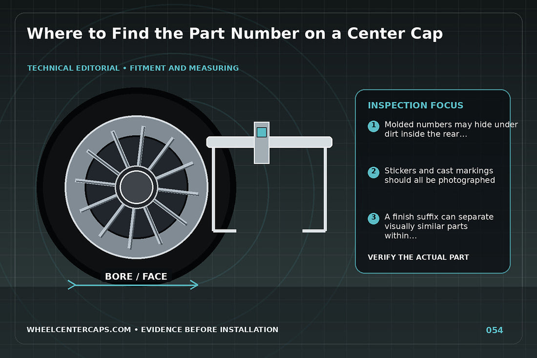 Cap backside with molded stamped and sticker part numbers highlighted; technical editorial illustration for center cap part number location with no manufacturer logo reproduction