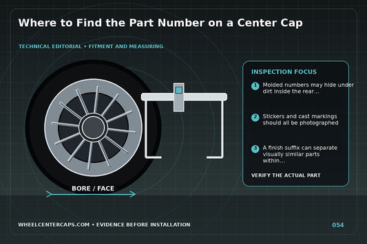 Cap backside with molded stamped and sticker part numbers highlighted; technical editorial illustration for center cap part number location with no manufacturer logo reproduction