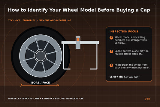 Wheel backside stamps and spoke design matched to a model card; technical editorial illustration for identify wheel model for center cap with no manufacturer logo reproduction