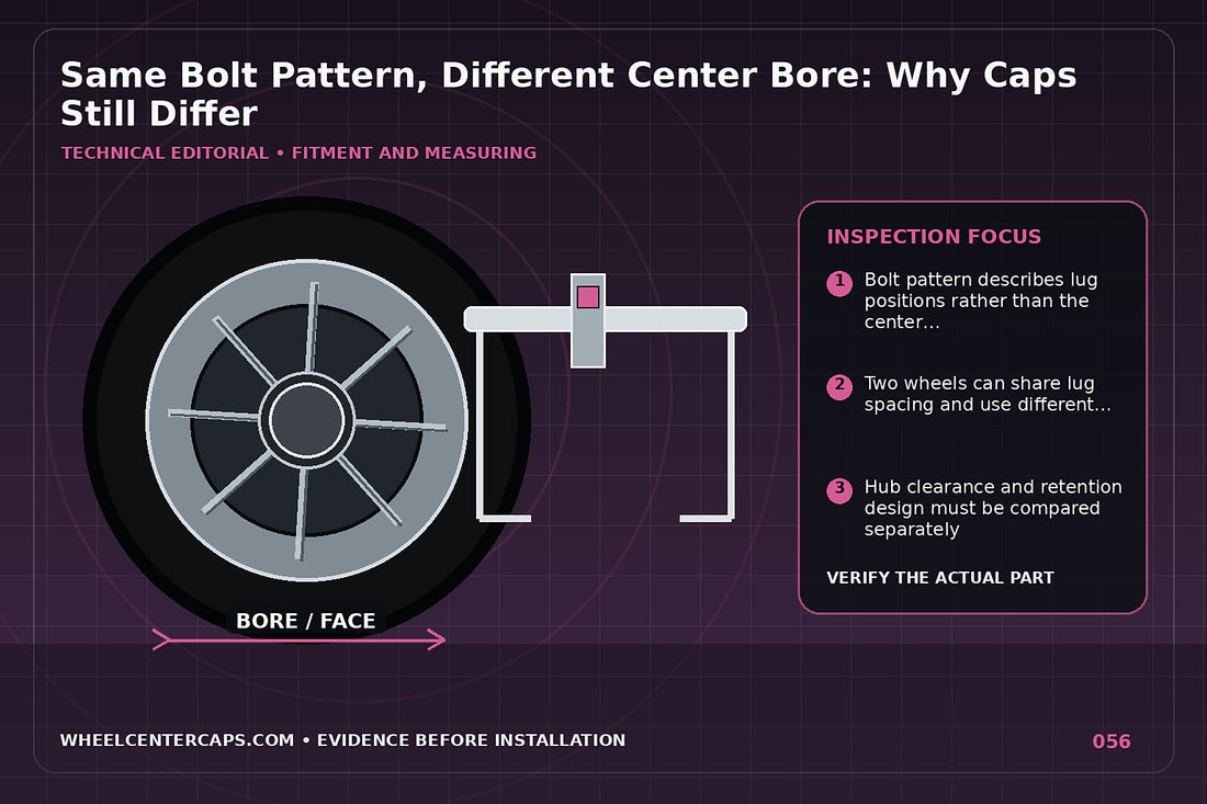 Two identical bolt-pattern wheels with different center bores and caps; technical editorial illustration for same bolt pattern different center cap with no manufacturer logo reproduction