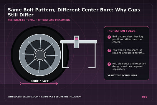 Two identical bolt-pattern wheels with different center bores and caps; technical editorial illustration for same bolt pattern different center cap with no manufacturer logo reproduction