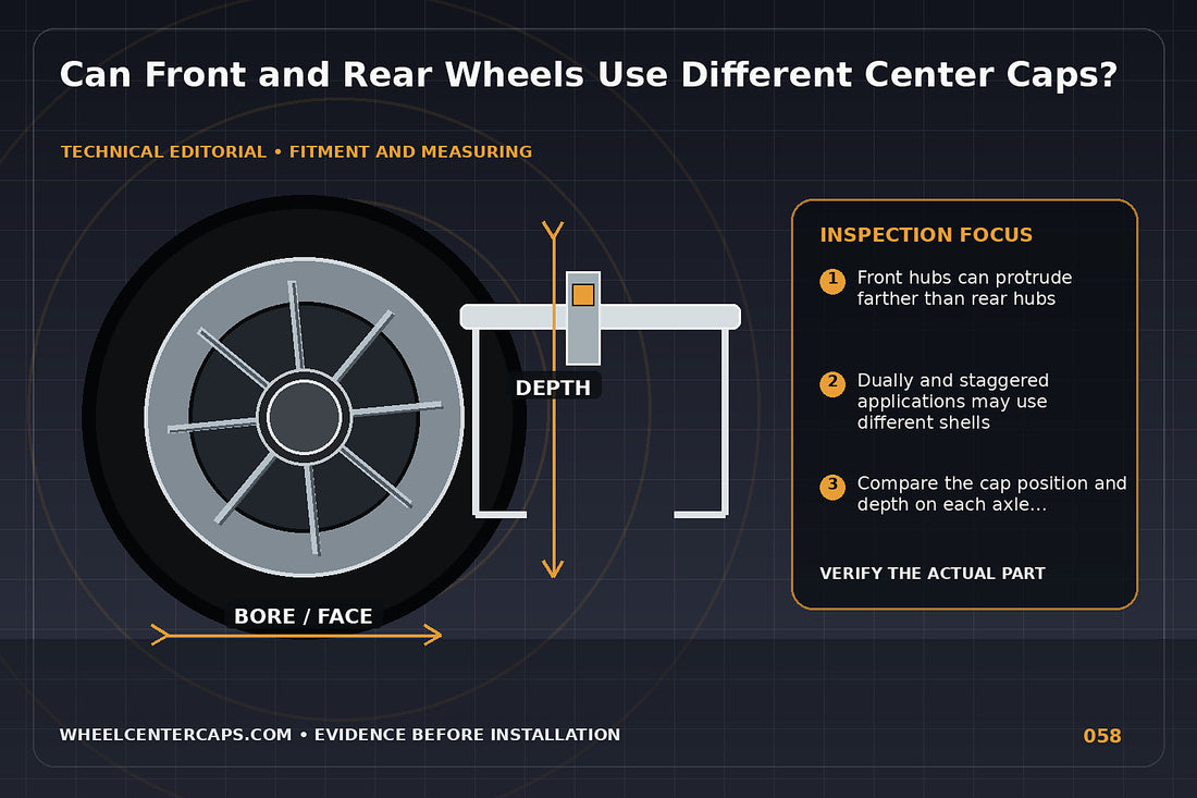 Front and rear wheel cross-sections with different cap depths; technical editorial illustration for front and rear center cap difference with no manufacturer logo reproduction
