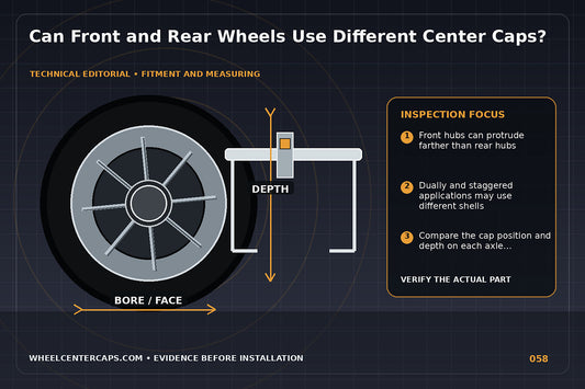 Front and rear wheel cross-sections with different cap depths; technical editorial illustration for front and rear center cap difference with no manufacturer logo reproduction