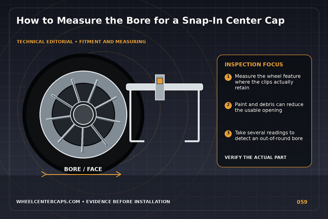 Caliper measuring the inner wheel bore where a snap-in cap seats; technical editorial illustration for snap in center cap bore size with no manufacturer logo reproduction