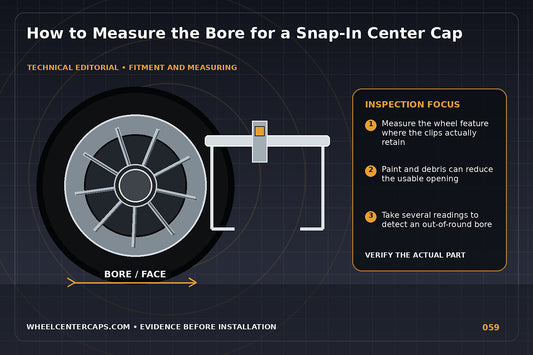 Caliper measuring the inner wheel bore where a snap-in cap seats; technical editorial illustration for snap in center cap bore size with no manufacturer logo reproduction