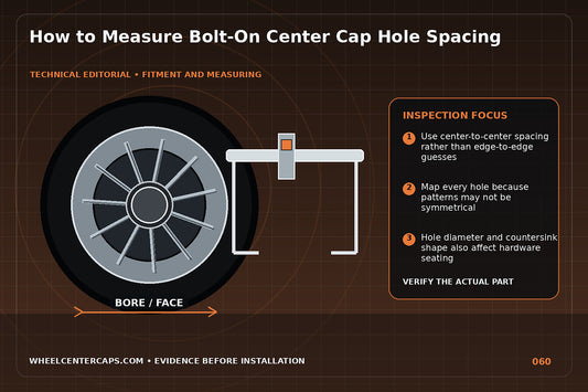Template measuring three bolt holes across a center cap; technical editorial illustration for bolt on center cap hole spacing with no manufacturer logo reproduction