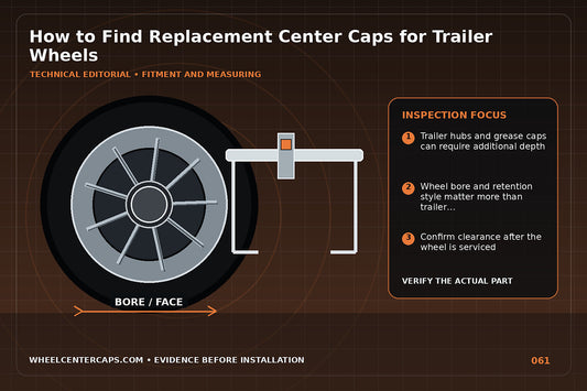 Tandem trailer wheel with measured center cap and hub clearance; technical editorial illustration for trailer wheel center caps with no manufacturer logo reproduction