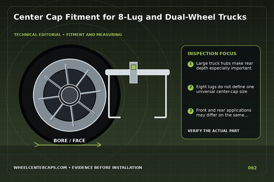 Eight-lug truck front hub with deep center cap measurement callouts; technical editorial illustration for 8 lug truck center caps with no manufacturer logo reproduction