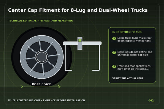 Eight-lug truck front hub with deep center cap measurement callouts; technical editorial illustration for 8 lug truck center caps with no manufacturer logo reproduction