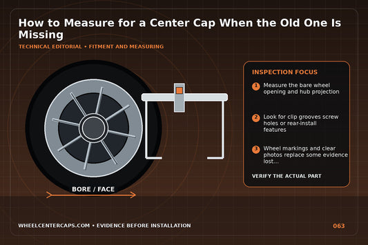 Bare wheel center measured at bore depth and mounting points; technical editorial illustration for measure center cap without old cap with no manufacturer logo reproduction