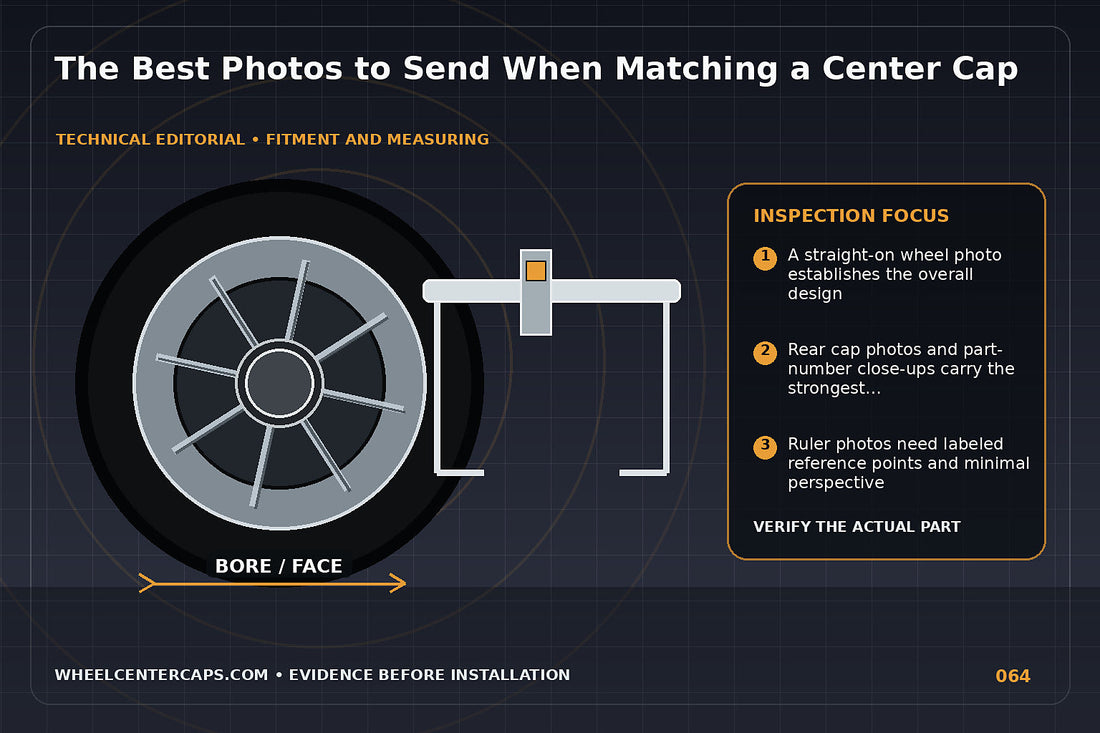 Six-photo checklist showing cap front back numbers wheel and measurements; technical editorial illustration for center cap photo identification with no manufacturer logo reproduction