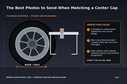 Six-photo checklist showing cap front back numbers wheel and measurements; technical editorial illustration for center cap photo identification with no manufacturer logo reproduction