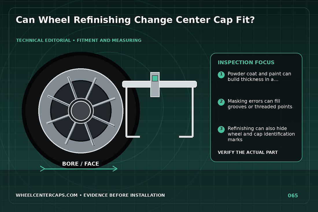 Powder-coated wheel bore with coating thickness highlighted; technical editorial illustration for powder coating center cap fitment with no manufacturer logo reproduction