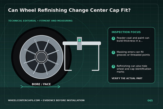 Powder-coated wheel bore with coating thickness highlighted; technical editorial illustration for powder coating center cap fitment with no manufacturer logo reproduction