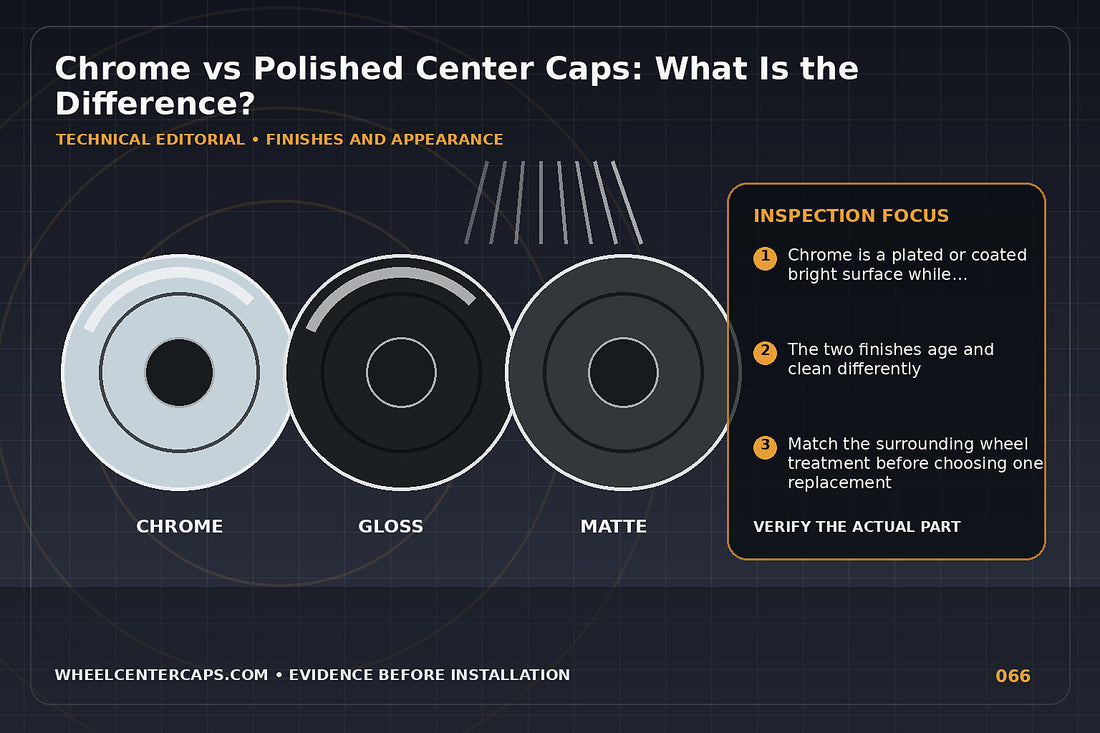 Split wheel showing mirror chrome and polished metal cap finishes; technical editorial illustration for chrome vs polished center caps with no manufacturer logo reproduction
