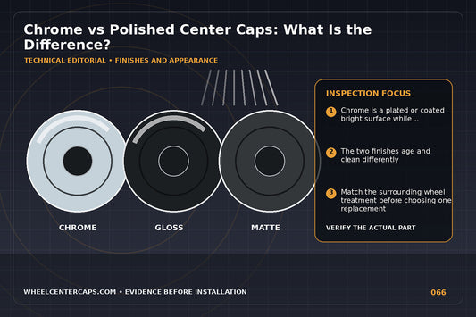 Split wheel showing mirror chrome and polished metal cap finishes; technical editorial illustration for chrome vs polished center caps with no manufacturer logo reproduction