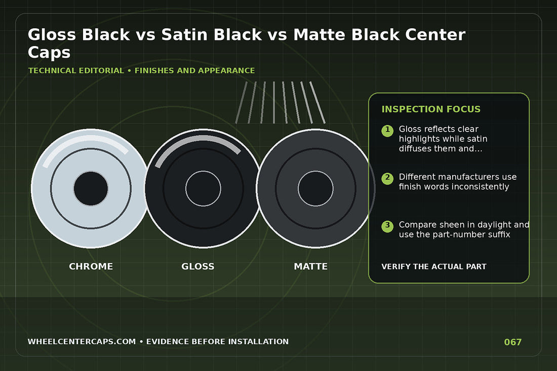 Three identical caps under neutral light in gloss satin and matte black; technical editorial illustration for gloss satin matte black center caps with no manufacturer logo reproduction