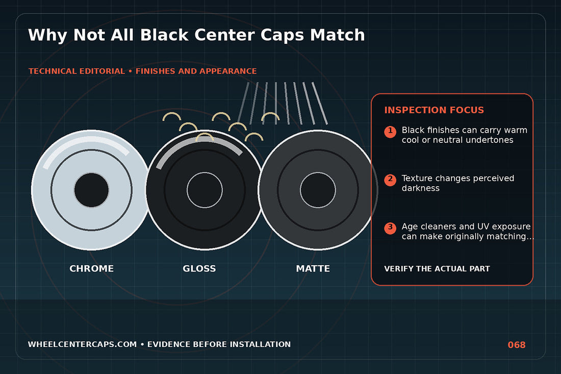 Black finish swatches showing warm cool textured and faded variations; technical editorial illustration for black center cap color match with no manufacturer logo reproduction